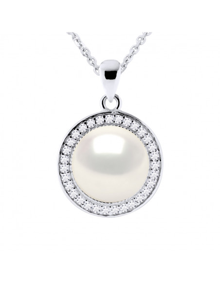Collier Joaillerie en Argent 925, Oxydes de Zirconium et Perle de Culture 9 mm - 2 Coloris - AMBRE
