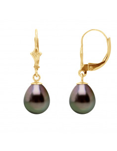 Boucles d'Oreilles Pendantes en Or et Perles de Tahiti Poires 8 mm - AROTI
