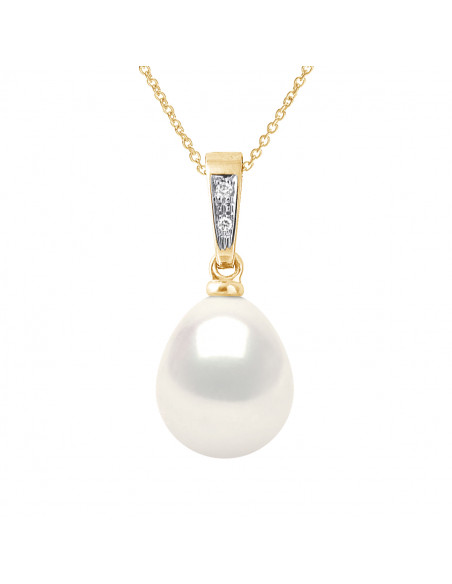 Gold and Diamond Pendant, Pear Culture Bead 7-8 mm - Gold - Lyna