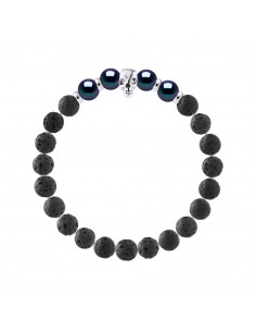 Bracelet Tête de Mort en Perles de Culture Noires et Pierre de Lave - Argent 925 - DEATH