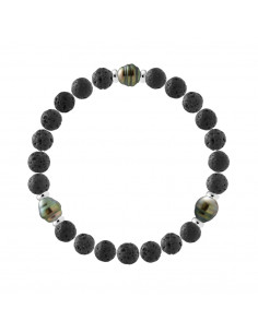 Bracelet 3 Perles de Tahiti Cerclées en Pierre de Lave Naturelle - Argent 925 - IPAMA