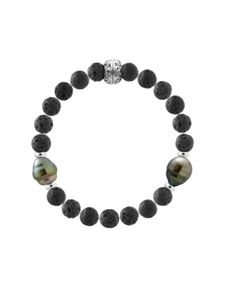Tikki-Armband und Tahiti-Perlen umkreist Lava-Stein - Silber 925 - Rapanui