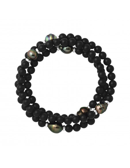 Triple 6 Tahitian-Perlen in Schwarz Achat Matte - Silber 925 - Kamaru