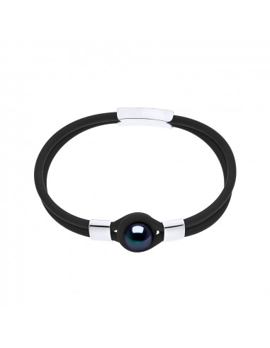 Doppeles Neopren-Armband mit schwarzer Kulturperle - Silber 925 - ZARO