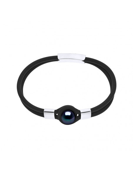 Bracelet Double en Néoprène avec Perle de Culture Noire  - Argent 925 - ZARO