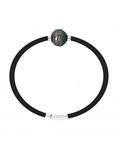 Bracelet Néoprène et Véritable Perle de Tahiti Cerclée Viroles Gravées Argent
