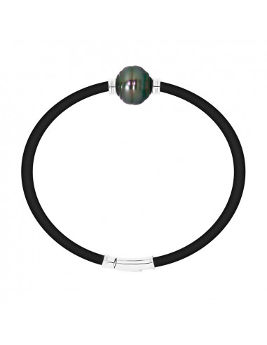 Bracciale in neoprene e vera perla tahitana cingrata in argento inciso