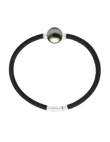 Schwarzes Lederarmband und Tahiti Perlenvirolen und Silberverschluss