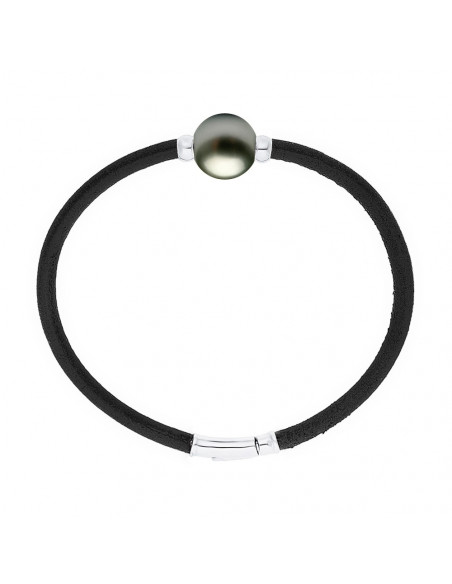 Bracciale in pelle nera e tahiti virole perla e chiusura d'argento