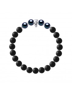Bracelet Tête de Mort Perles de Culture Noires en Agate Noire Matte - Argent 925 - NOPI