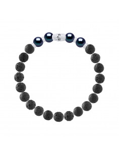 Bracelet Tête de Mort Perles de Culture Noires en Pierre de Lave - Argent 925 - DOLMA