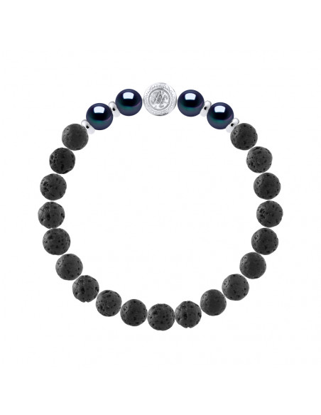 Braccialetto Chance in Black Pearls e Natural Lava Stone - Argento 925 - Fortunato