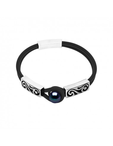 Bracciale in neoprene doppio con perle di coltura nera - argento 925 - Inaia