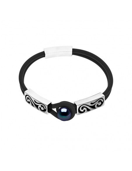 Bracciale in neoprene doppio con perle di coltura nera - argento 925 - Inaia