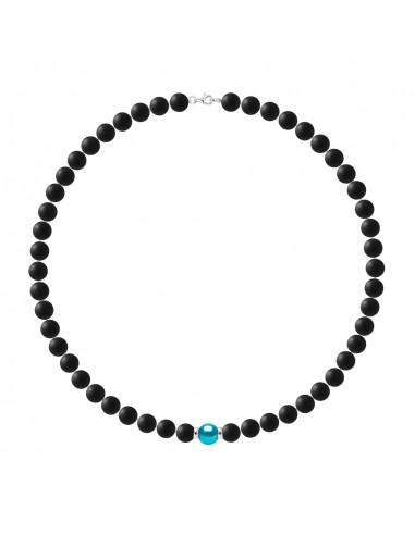 Collar de perlas de cultivo turquesa en ágata negra mate - plata 925 - Timor