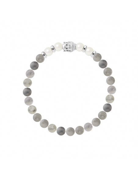 Buddah bracelet round cultures 6-7 mm and quartz smoked silver 925 - Buddah