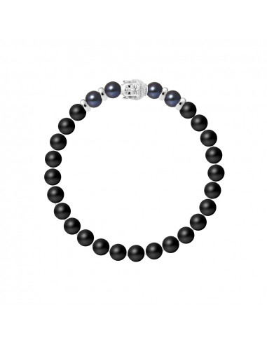 Buddah-Armband-schwarze Kultur-Perlen und schwarzer Achat in Silber 925 - Budda