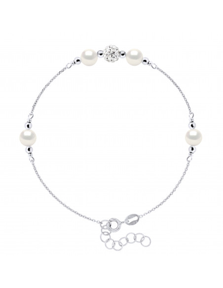 Bracelet Argent Massif Crystal Blanc 4 Veritables Perles Blanches