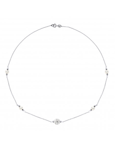 Silber Halskette Anhänger Weiß Kristall Set Ball und echte Perle