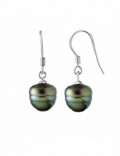 Boucles d'Oreilles Pendantes en Argent 925 avec Perles de Tahiti Cerclées 9 mm - NAKAMA