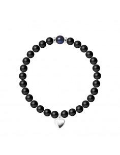 Bracelet Breloque Coeur - Perle de Culture et Agate Noire Matte - Argent 925 - NAÏLA