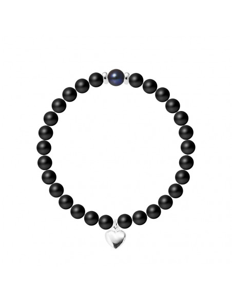 Bracelet Breloque Coeur - Perle de Culture et Agate Noire Matte - Argent 925 - NAÏLA
