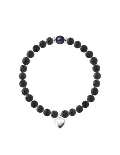 Bracelet Breloque Coeur - Perle de Culture et Pierre de Lave - Argent 925 - NADIA