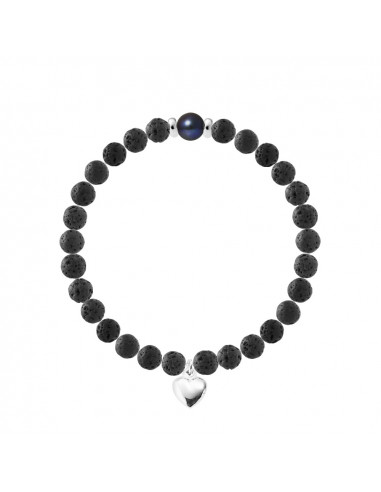 Heart Charm Bracelet - Culture Pearl and Lava Stone - Silver 925 - Nadia