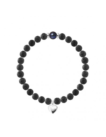 Herz Charm Armband - Kultur Perle und Lava Stein - Silber 925 - Nadia