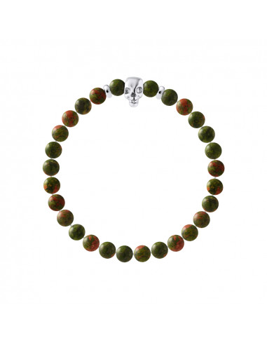 Bracelet Head of Death and Natural Unakite - Silver 925 - Skully