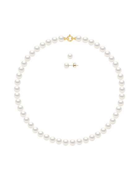 Parure Prestige Or Collier et Boucles d'Oreilles Perles Rondes 7 mm - 3 Coloris - CLELIA
