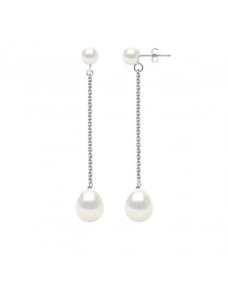 Boucles d'Oreilles Pendantes Doubles en Or et Perles de Culture Poires 9 mm - 2 Coloris - ELENA