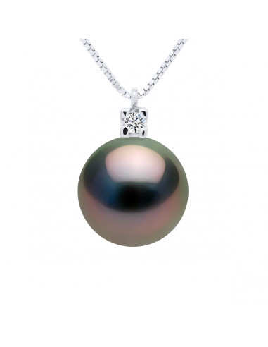 Gold Chain Necklace, Diamond and Round Tahitian Pearl 9 mm - Nirvana