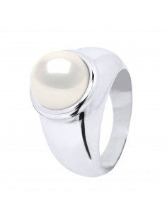 Chevalière en Argent 925 et Perle de Culture Bouton 9-10 mm - 2 Coloris - LENA