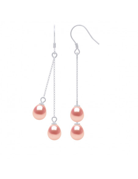 Boucles d'Oreilles DUO Pendantes Perles de Culture - 3 Coloris Disponibles - Argent 925 - ELLA