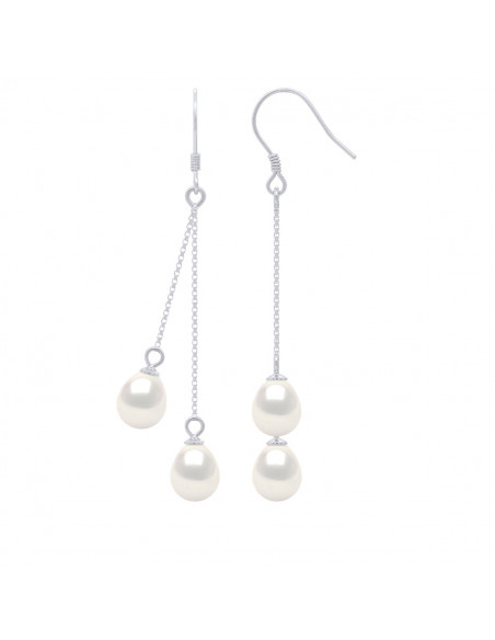 Boucles d'Oreilles DUO Pendantes Perles de Culture - 3 Coloris Disponibles - Argent 925 - ELLA