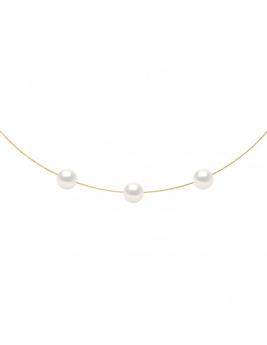 Gold Cable Necklace with 3 Round Culture Beads 8 mm - 5 Colors - Maeva