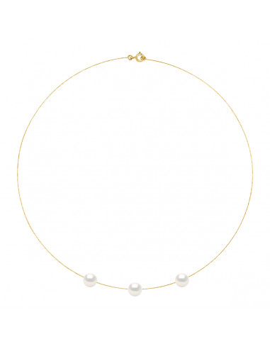 Gold Cable Necklace with 3 Round Culture Beads 8 mm - 5 Colors - Maeva