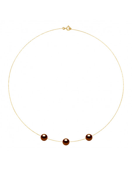Gold Cable Necklace with 3 Round Culture Beads 8 mm - 5 Colors - Maeva