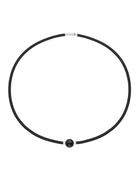 Collier Néoprène Véritable Perle Noire Viroles Argent Fermoir Argent