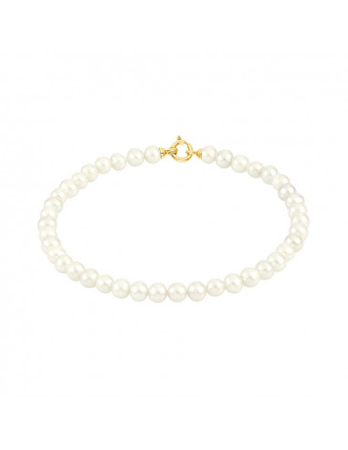 Pulsera de pinza de oro amarillo y rango de perlas de color blanco genuino