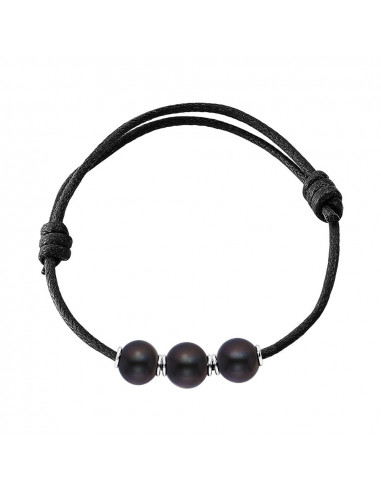 Pulsera trío de verdaderas perlas negras con manga de plata maciza