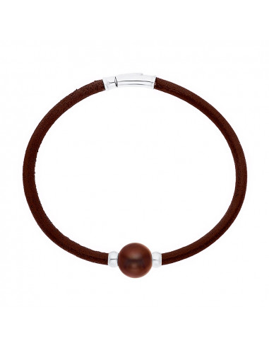 Echtes braunes Lederarmband Perle und Silberkirschen