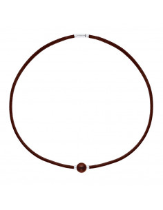 Collana in pelle marrone genuina perla e ciliegie d'argento