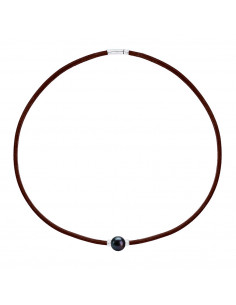 Collar de cuero marrón genuino perla y cerezas de plata