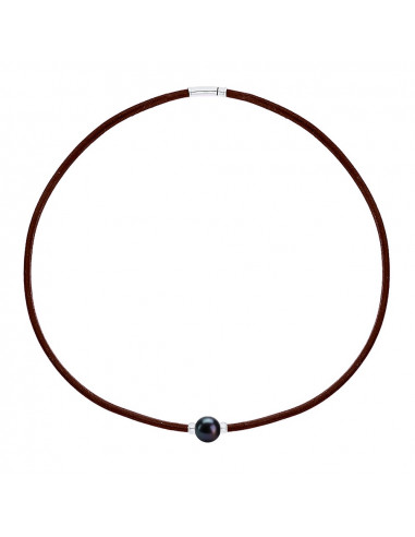 Genuine Brown Leather Necklace Pearl and Silver Cherries