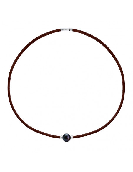 Collier Cuir Marron Véritable Perle et Viroles Argent