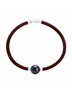 Bracelet Cuir Marron Véritable Perle et Viroles Argent