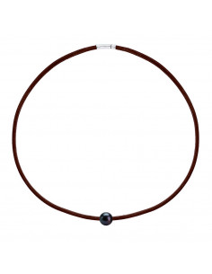 Collar de cuero marrón genuino perla y cierre de plata