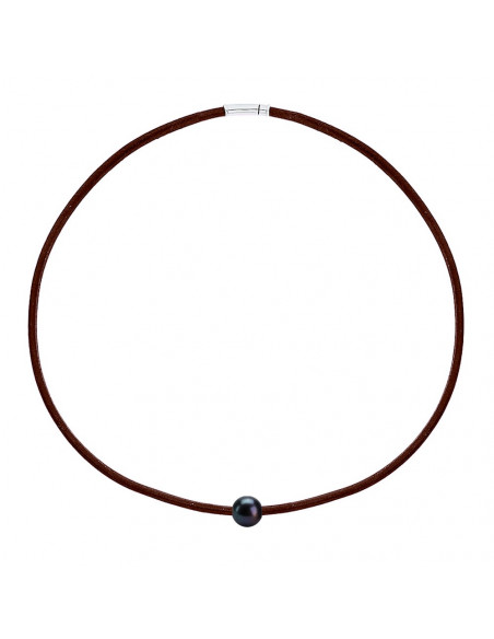Collana in pelle marrone genuina perla e chiusura in argento